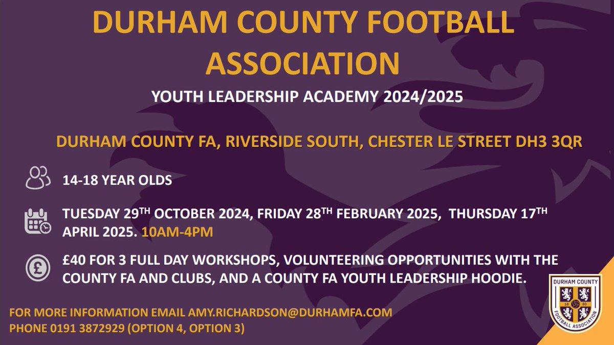 ⚽ Youth Leadership Academy Opportunity!

Interested in developing your leadership skills? Check out the Youth Leadership Academy with Durham County Football Association! A fantastic opportunity to grow and make an impact. Details are in the image below! 🌟🏆
