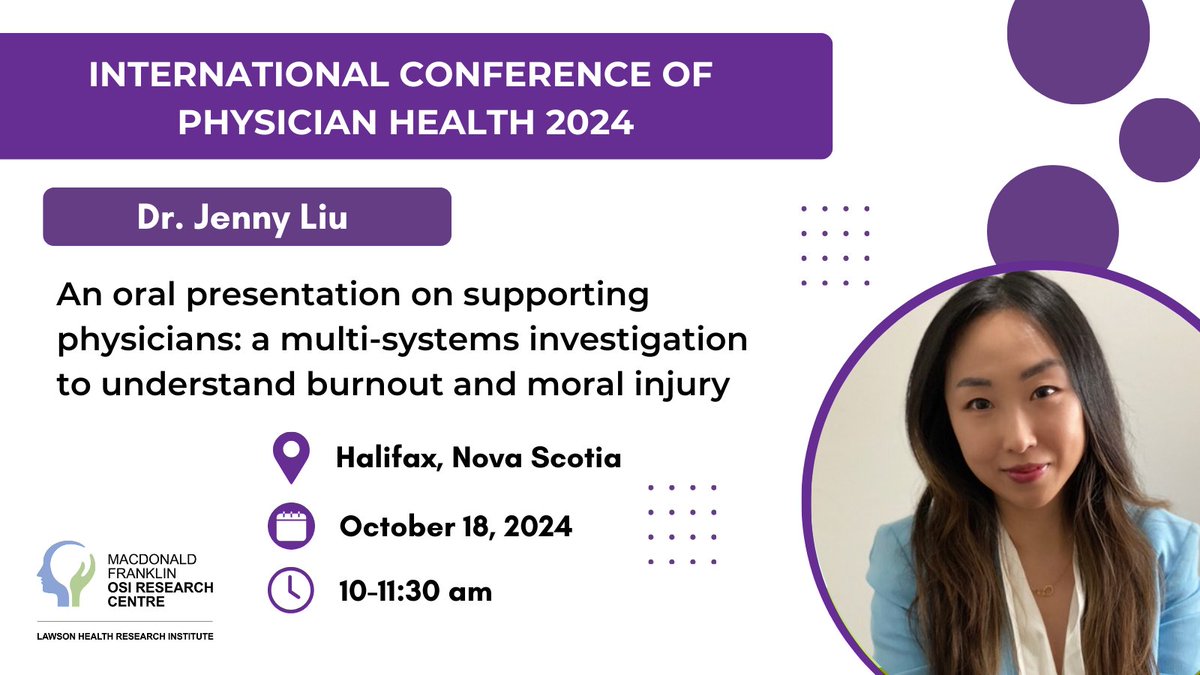 MacDonald Franklin OSI Research Centre (@osiresearch) on Twitter photo 📢 This Friday, <a href="/resilient_u/">Dr. Jenny Liu, Multi-System Resilience</a> will be presenting at the International Conference of Physician Health 2024.
#OSIResearch
#MoralInjury
#burnoutresearch
#ICPH2024 📢 This Friday, <a href="/resilient_u/">Dr. Jenny Liu, Multi-System Resilience</a> will be presenting at the International Conference of Physician Health 2024.
#OSIResearch
#MoralInjury
#burnoutresearch
#ICPH2024