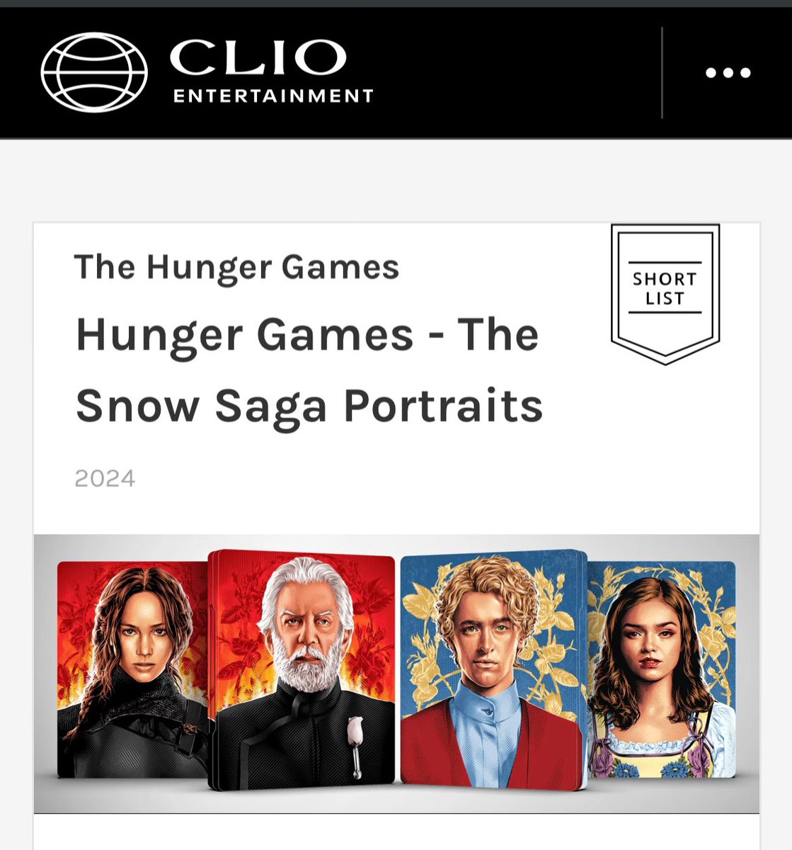 My Hunger Games steelbook collaboration with Lionsgate has been shortlisted for the 2024 #ClioEntertainment Awards 🏆✨

Love these have been dubbed the ‘Snow Saga’ for consideration. My thanks to Aaron and his team and all the jurors!