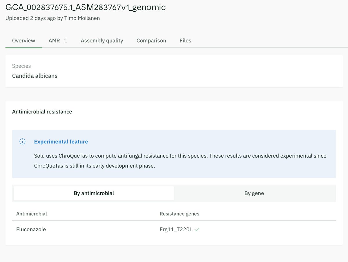 Really excited about the recent FungAMR/ChroQueTas preprint by <a href="/CamilleBed17/">Camille Bédard</a>, <a href="/narmquijada/">Narciso Martín Quijada</a> &amp; co! We've now added it to our platform for C. albicans, making Solu the only web UI for ChroQueTas. Looking forward to expanding to other species!