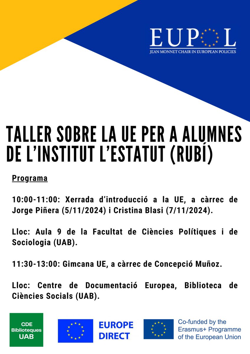 EUPOL Jean Monnet Chair (@eupoljeanmonnet) on Twitter photo EUPOL i <a href="/CDocEuropea/">CDE UAB</a> organitzen el "Taller sobre la UE per a alumnes de l'institut l'Estatut (Rubí)" que impartiran <a href="/CristinaBlasi/">Cristina Blasi</a> i <a href="/JorgeDanok_1/">Jorge Piñera Álvarez</a> els dies 5 i 7 de novembre. EUPOL i <a href="/CDocEuropea/">CDE UAB</a> organitzen el "Taller sobre la UE per a alumnes de l'institut l'Estatut (Rubí)" que impartiran <a href="/CristinaBlasi/">Cristina Blasi</a> i <a href="/JorgeDanok_1/">Jorge Piñera Álvarez</a> els dies 5 i 7 de novembre.
