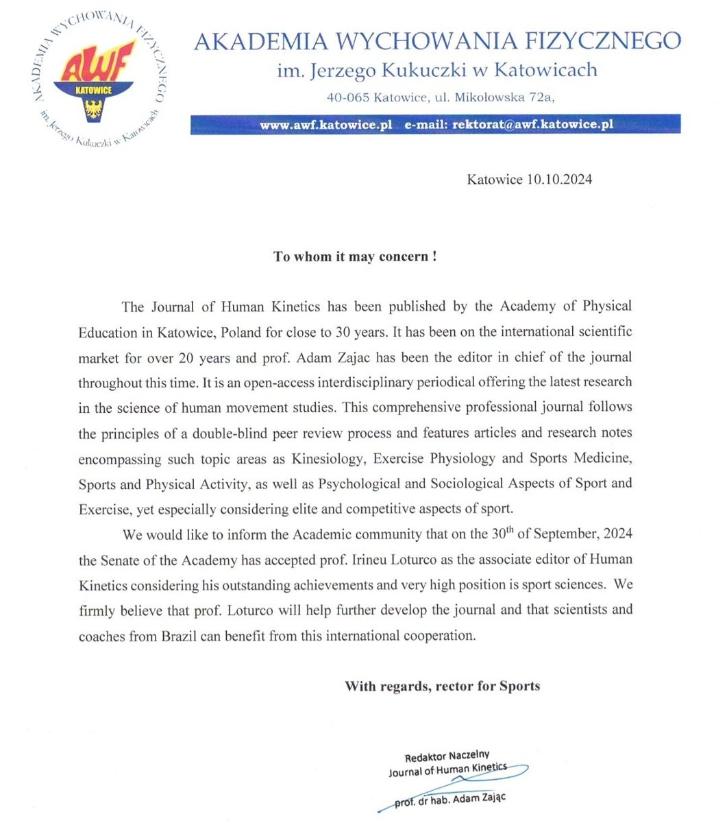 Irineu Loturco PhD (@irineuloturco) on Twitter photo Deeply honored to be accepted by the Senate of the Academy of Physical Education in Katowice as an AE for <a href="/jhkawf/">Journal of Human Kinetics</a>. Grateful to Prof. Adam Zajac for your trust and confidence in my work. As always, I will do my best for the authors, reviewers, and the Journal. Deeply honored to be accepted by the Senate of the Academy of Physical Education in Katowice as an AE for <a href="/jhkawf/">Journal of Human Kinetics</a>. Grateful to Prof. Adam Zajac for your trust and confidence in my work. As always, I will do my best for the authors, reviewers, and the Journal.