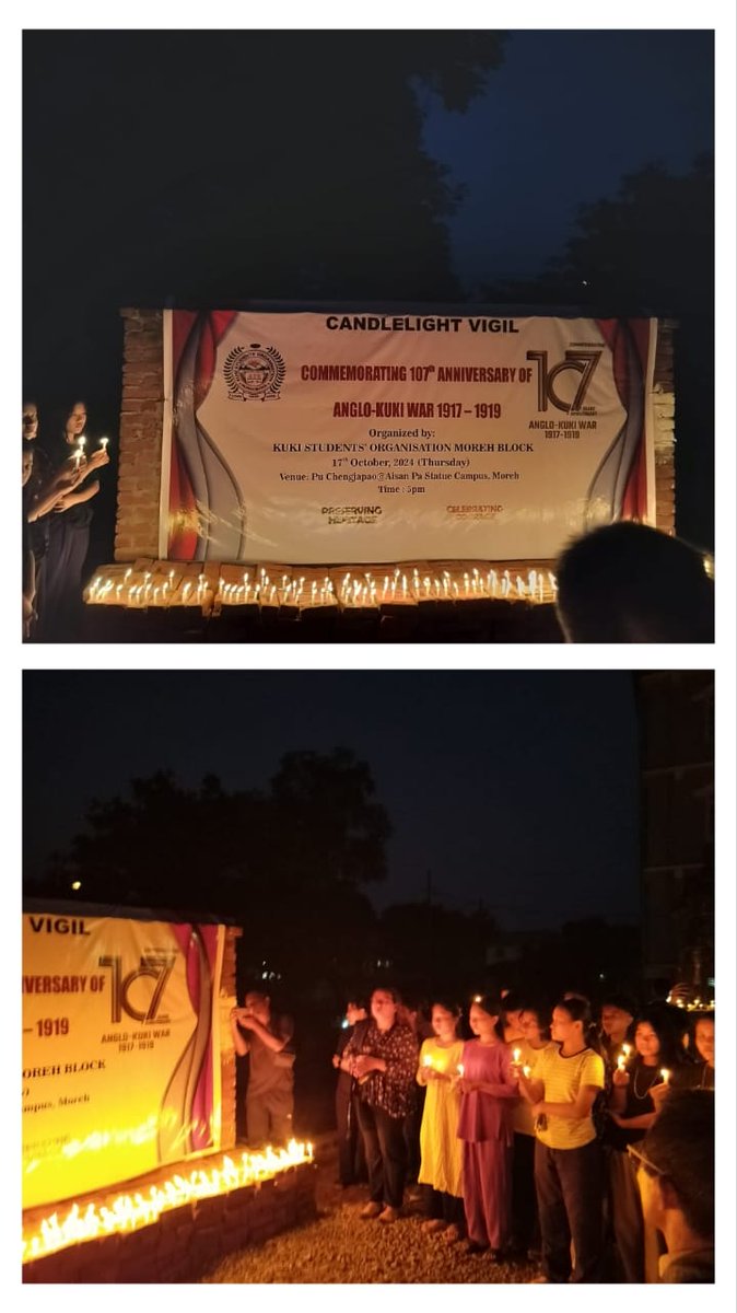 KhongsaiChanu's tweet photo. Manipur : Moreh 📍
Candlelight vigil at Pu Chengjapao @ Aisan Pa Statue Campus Moreh, Commemorating the 107th anniversary of #AngloKukiWar1917_1919. Tributes to our Ancestors who fought against the colonial forces defending our Land , Culture &amp; Independence.
 @PIBHomeAffairs https://t.co/kY1QOz3Bfk
