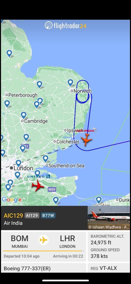 999London's tweet photo. BREAKING: An Air India flight from #Mumbai en route to London’s #Heathrow Airport has declared an emergency above the east coast due to a suspected bomb threat. 

RAF Typhoon fighter jets have been scrambled to intercept the passenger plane. 

📸@air_intel https://t.co/RLxhBGzhVT