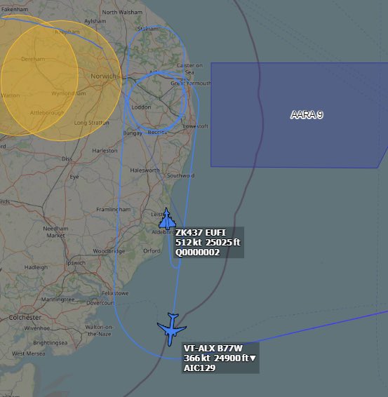 999London's tweet photo. BREAKING: An Air India flight from #Mumbai en route to London’s #Heathrow Airport has declared an emergency above the east coast due to a suspected bomb threat. 

RAF Typhoon fighter jets have been scrambled to intercept the passenger plane. 

📸@air_intel https://t.co/RLxhBGzhVT