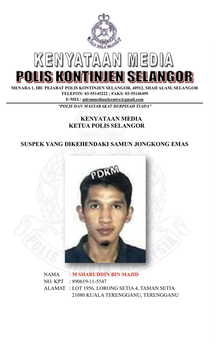 redzuanNewsMPB's tweet photo. Polis buru dua lelaki bagi siasatan kes samun berkawan dan bersenjata melibatkan jongkong emas bernilai RM5.9 juta di Puchong, Selangor. https://t.co/czOcwMzH5W