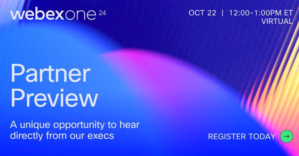 Live from #WebexOne next week! 

Join us for the Partner Preview! 

Be the first to hear from our Collaboration executives about exclusive announcements across customer experience and #AI.

cs.co/WebexOnePartne…