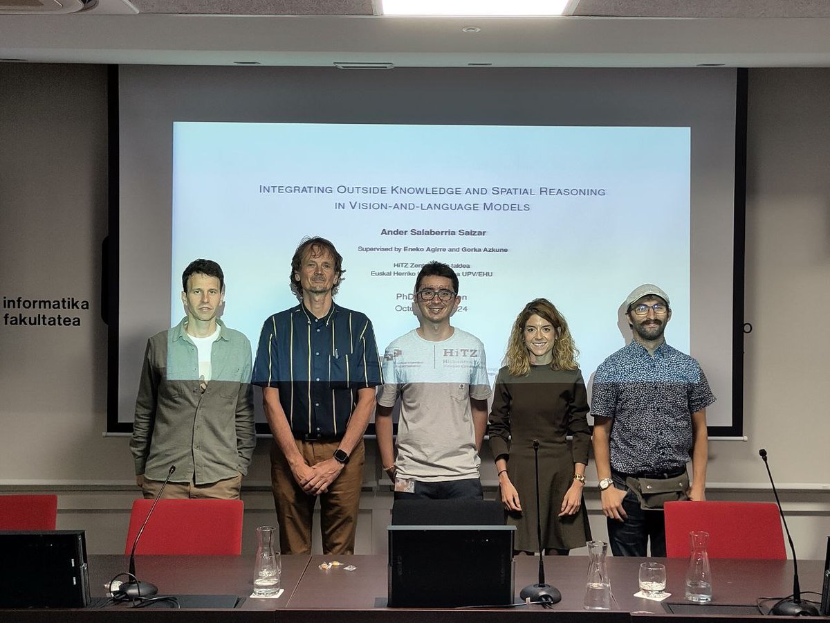 HiTZ zentroa (UPV/EHU) (@hitz_zentroa) on Twitter photo Eta gaur <a href="/AnderSala/">Ander Salaberria</a>-ren txanda izan da. "Integrating Outside Knowledge and Spatial Reasoning in Vision and language Models" izeneko doktore-tesia aurkeztu du.
Zorionak doktore berriari! 🥳🥳 Eta gaur <a href="/AnderSala/">Ander Salaberria</a>-ren txanda izan da. "Integrating Outside Knowledge and Spatial Reasoning in Vision and language Models" izeneko doktore-tesia aurkeztu du.
Zorionak doktore berriari! 🥳🥳