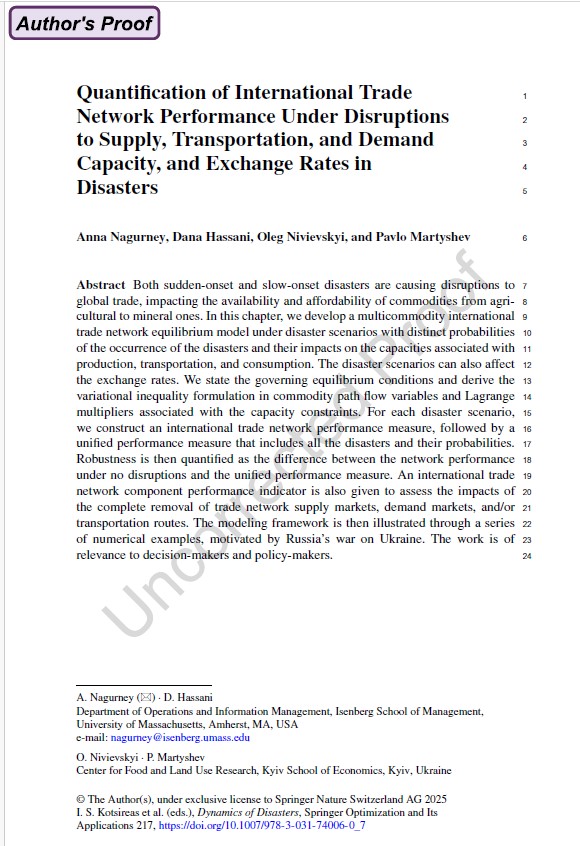 Delighted to receive the galleys this morning of the paper with my @isenbergumass #orms PhD student <a href="/Hassani_Dana/">Dana Hassani</a> &amp; great <a href="/kse_ua/">Kyiv School of Economics</a> colleagues <a href="/oniviev1/">Oleg Nivievskyi</a> &amp; Pavlo Martyshev, in press in the new @springernature Dynamics of Disasters volume. The volume is co-edited with outstanding