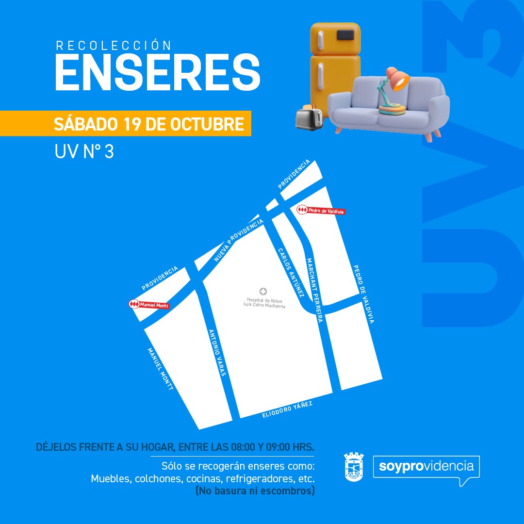 Muni_provi's tweet photo. RECOLECCIÓN DE ENSERES🚛
¡#FelizJueves! Si vives en la Unidad Vecinal 3, este sábado 19 tendrás la oportunidad que esperabas para deshacerte de tus muebles y artículos electrónicos en mal estado o en desuso. ¡Sácalos el mismo día a las 8:00hrs! Conoce más en la imagen.👇🏽 https://t.co/IZSHbOEro6