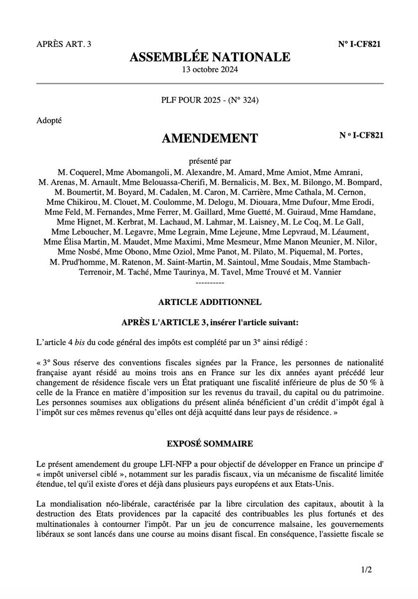 StephaneVojetta's tweet photo. C'est reparti pour un tour...
 
Lors de chaque élection législative, les candidats NUPES/NFP nous jurent leur grands dieux que l'imposition universelle des Français de l'Étranger n'est pas dans leur programme. 

Et quelques semaines plus tard, immanquablement, ils tentent de faire voter cette mesure, véritable obsession de @JLMelenchon. 

Et voici donc l'amendement au budget 2025 qui symbolise cette nouvelle tentative. 

Ce n'était donc pas un lapsus de @CastetsLucie cet été, ni un fantasme de la part de ceux qui comme moi s'opposent à cette idée stupide. Alors je continuerai à me battre contre elle, et tous ceux qui croient et veulent faire croire que "Français de l'Étranger" = "Exilé fiscal"