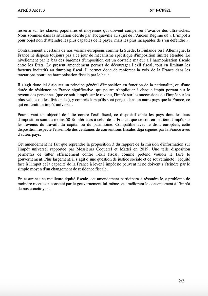 StephaneVojetta's tweet photo. C'est reparti pour un tour...
 
Lors de chaque élection législative, les candidats NUPES/NFP nous jurent leur grands dieux que l'imposition universelle des Français de l'Étranger n'est pas dans leur programme. 

Et quelques semaines plus tard, immanquablement, ils tentent de faire voter cette mesure, véritable obsession de @JLMelenchon. 

Et voici donc l'amendement au budget 2025 qui symbolise cette nouvelle tentative. 

Ce n'était donc pas un lapsus de @CastetsLucie cet été, ni un fantasme de la part de ceux qui comme moi s'opposent à cette idée stupide. Alors je continuerai à me battre contre elle, et tous ceux qui croient et veulent faire croire que "Français de l'Étranger" = "Exilé fiscal"