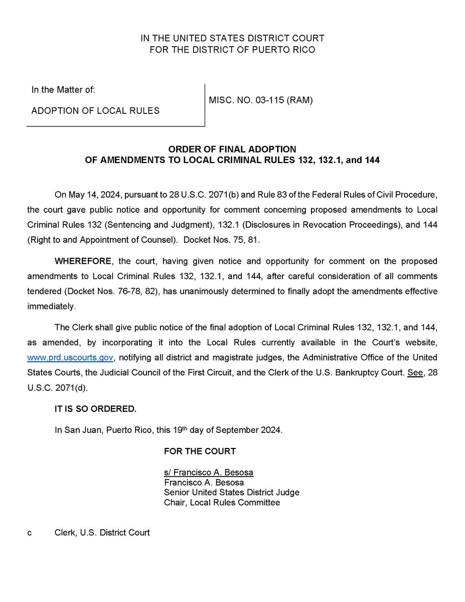 USCourtsPRD's tweet photo. The @USCourtsPRD announces the final adoption of amendments to Local Criminal Rules 132, 132.1, and 144, following proper notice and opportunity for public comment. 
Full details available at: https://t.co/1GZpE82REC
#USCourts #PuertoRico #LegalUpdates https://t.co/zGaH6vioQF