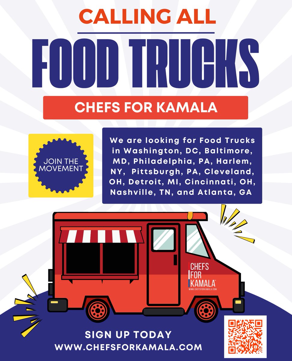 Calling All Food Trucks!!! We are looking for Food Trucks to join us for upcoming events and activations, and we want YOU to be a part of it! ⁠
Get involved and Sign up Today visit chefsforkamala.com #ChefsForKamala #Restaurants #Chefs #FoodTrucks #HarrisWalz2024