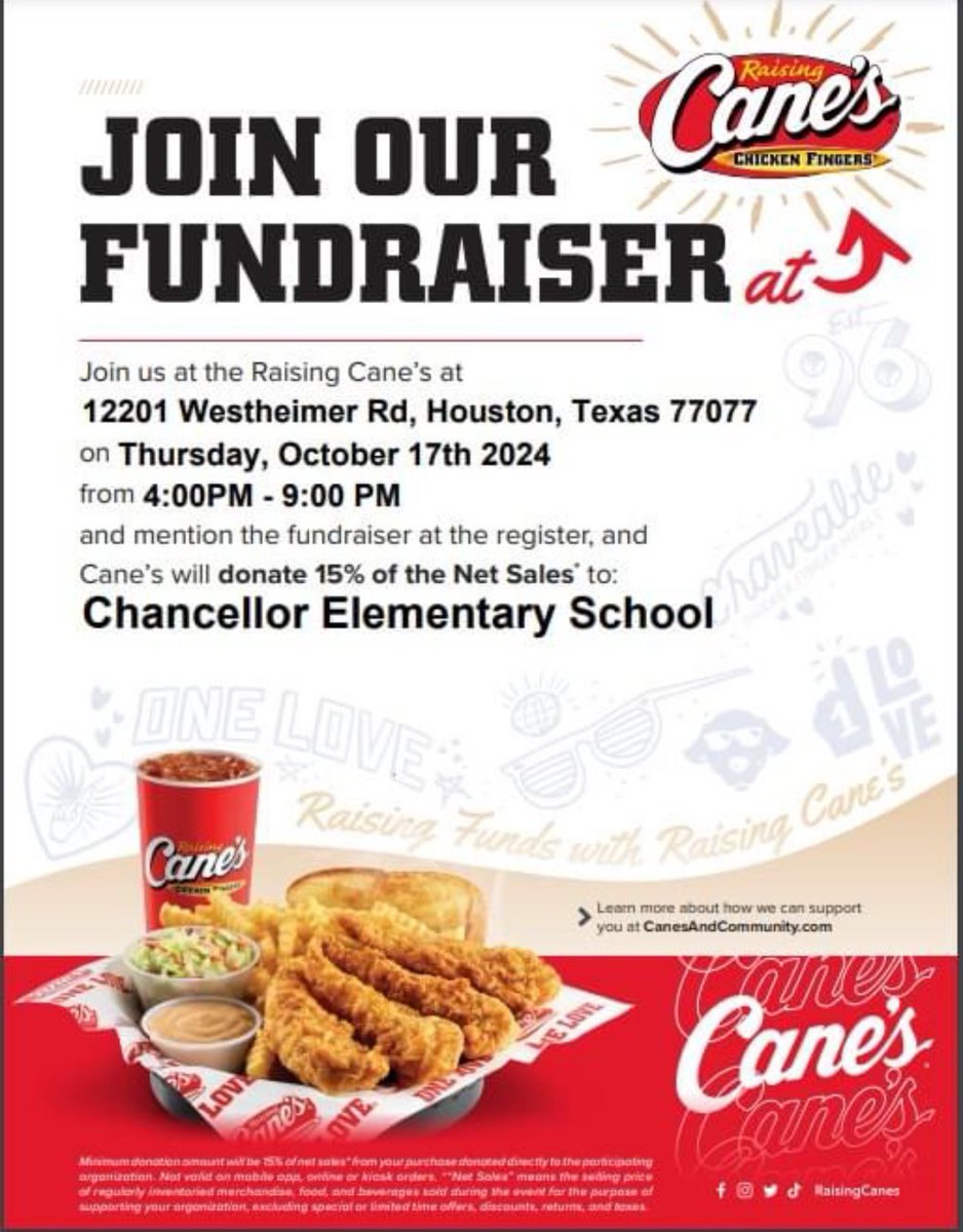 ChancellorComet's tweet photo. Today is the day, support our 5th grade while enjoying a meal at Raising Canes! https://t.co/PlEjPy5Urd