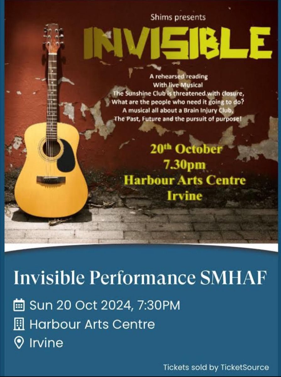 SHIMS are performing a new show about acquired brain injury awareness this Sunday 20th October at Irvine Harbour Arts Centre as part of Scottish Mental Health Arts Festival.

Tickets are free and available to book in link below!

ticketsource.co.uk/booking/select…

#braininjury