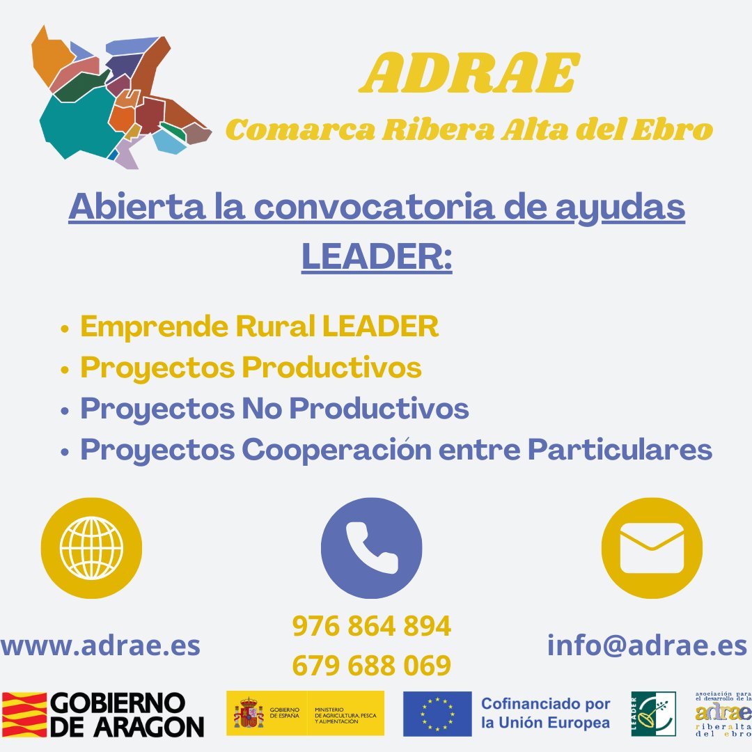 ADRAE__'s tweet photo. 𝗖𝗢𝗡𝗩𝗢𝗖𝗔𝗧𝗢𝗥𝗜𝗔 𝗗𝗘 𝗔𝗬𝗨𝗗𝗔𝗦 𝗟𝗘𝗔𝗗𝗘𝗥 𝟮𝟬𝟮𝟯-𝟮𝟬𝟮𝟳
INFÓRMATE EN:
☎️976864894-679688069
📧info@adrae.es
📍C/ Mayor 9, 1º planta, GALLUR
En este enlace se descarga la documentación necesaria para poder presentar una solicitud de ayuda: https://t.co/JrA8ndKOKy https://t.co/FgqcuWKFIO