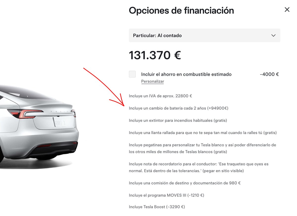 A los que estáis diciendo que los Teslas están más baratos que nunca. ¿Habéis probado a pulsar sobre 'ber todos los detalles'? Ahí aparece el precio final, y con todo lo que trae. Este es el precio final real de un Model 3. Fijaos bien. La única esperanza es el idrójeno.