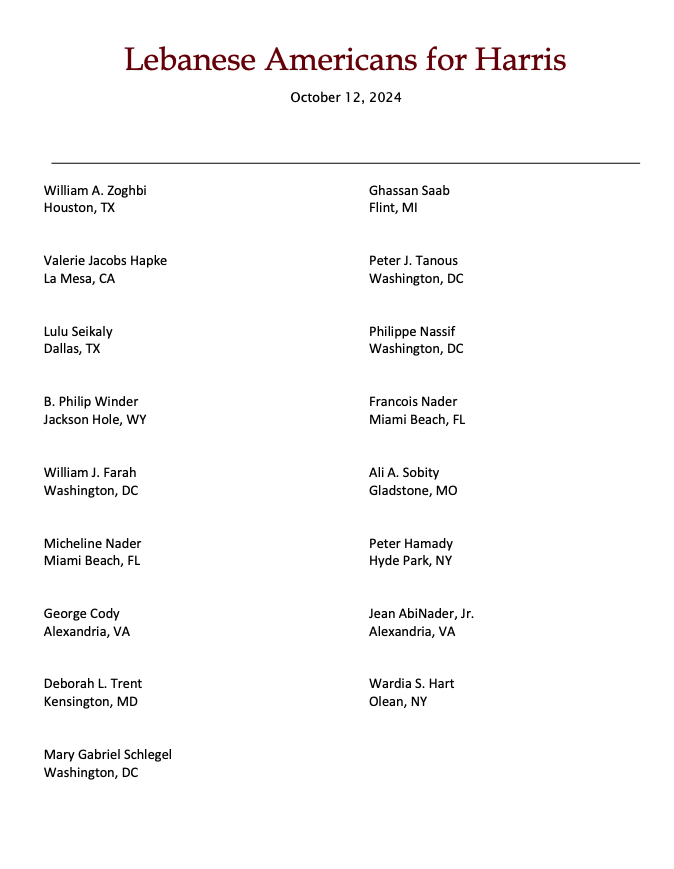 hahussain's tweet photo. Speaking on behalf of the Lebanese and Lebanese Americans, 29 Lebanese Americans endorse Harris for president.
#Not_in_my_Name
I'm strictly non-partisan and will leave Harris v Trump for another day. It doesn't matter to me whether Lebanese Americans endorse Harris or Trump. In fact, diversity is a healthy sign of assimilation. Lebanese Americans, like all Americans, are not one monolithic bloc.
But I'm also a foreign policy creature, and I find the Lebanese American endorsement of Harris below a horrible endorsement of Islamist #Iran regime and its proxies, especially #Hezbollah in #Lebanon. This is what the endorsement says:
"Ensuring enactment of transparent economic reforms, electing a president in Lebanon who is competent and reform-minded, supporting Lebanon’s health and education sectors, investing in communities through local empowerment programs, ensuring de-escalation and peace in Lebanon, protecting Lebanon’s sovereignty and territorial integrity, and strengthening the Lebanese Armed Forces."
In the mumble jumble above, the 29 Lebanese Americans leave out disbanding and disarming all militias (including Hezbollah) in line with the Lebanese constitution, as amended by the 1990 Taef Agreement that was voted into the Lebanese constitution.
It also leaves out "disbanding and disarming all Lebanese and non-Lebanese militias on Lebanese territory" in line with UN Security Council resolutions 1559 (2004) and 1701 (2006).
It then replaces actual clear-eyed policy with "de-escalation and peace in Lebanon." Notice that peace here is "in Lebanon," not with Israel, because God forbid Lebanese Americans utter anything (Lebanon peace with Israel) that disagrees with Islamist Iran and Hezbollah ideology.
Then this gem: "Bringing an end to the Israel-Hamas war is important to our community." How is Israel and the Palestinians a Lebanese issue?
This is not a Lebanese American statement. This is a Lebanese Iranian position.
Any American of Lebanese heritage who disagrees with the "Lebanese American for Harris" platform, please re-Post or comment with your name and state. Mine is here:
Hussain Abdul-Hussain, Washington, DC.