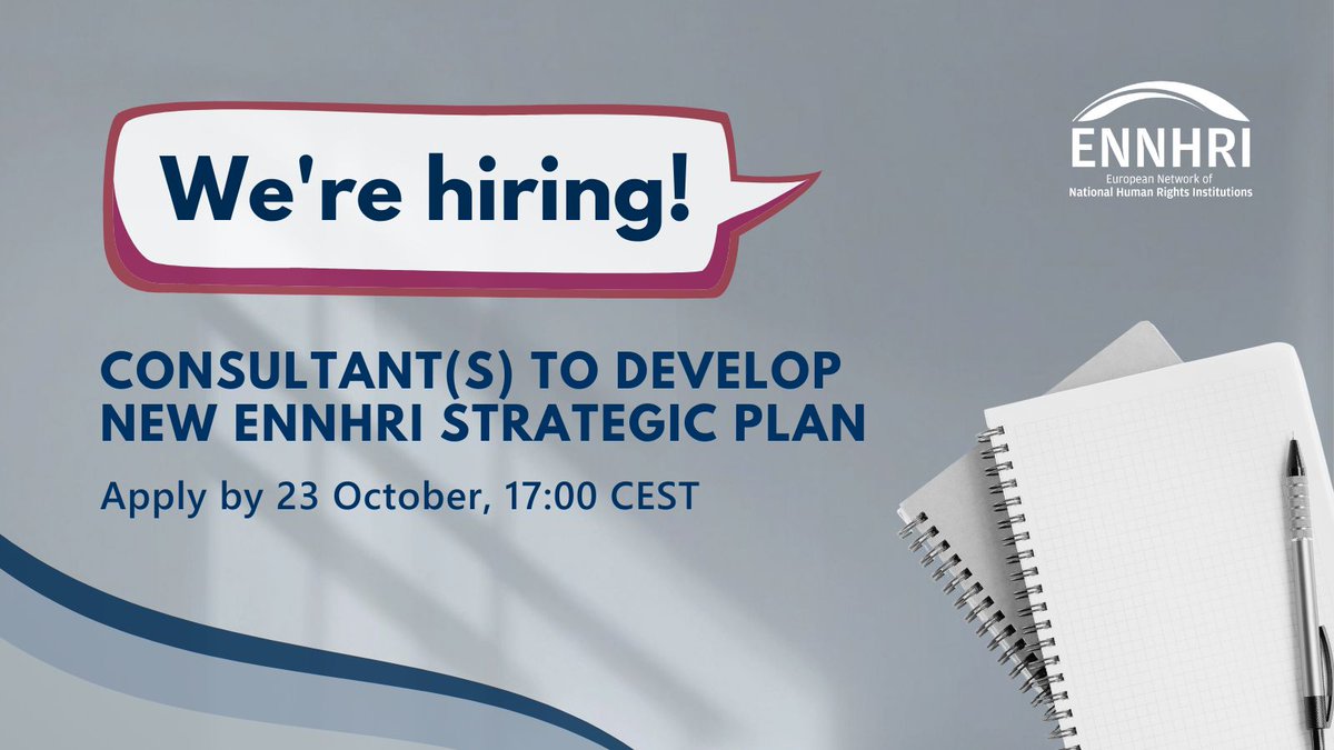 📢 Opportunity alert!
 
We’re seeking a consultant/consultants to help develop our new Strategic Plan💡. Do you have:
 
➡️ Experience of organisational strategic development?
➡️ Knowledge of #NHRIs?
 
Then apply by 23 October, 17:00 CEST! Full details 👉 ennhri.org/vacancies/