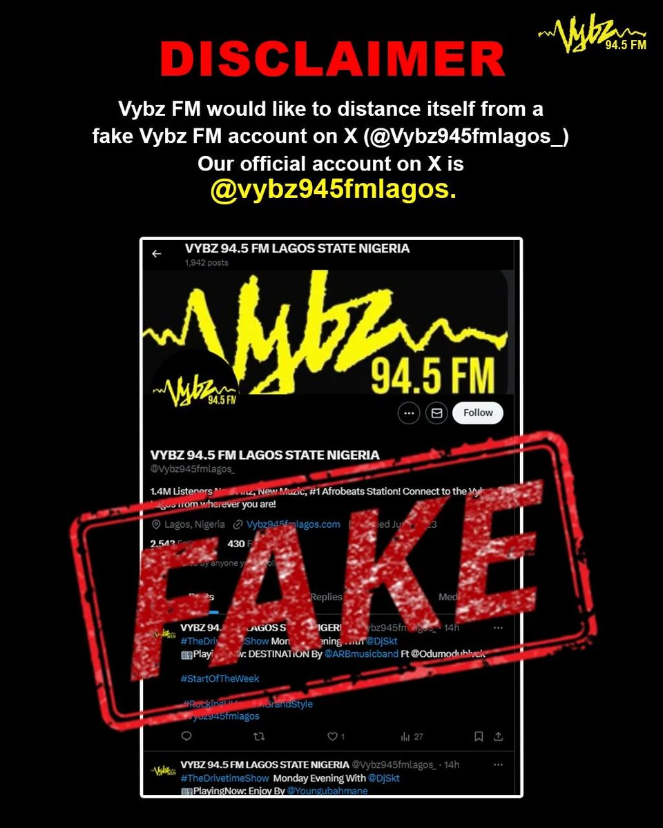 vybz945fmlagos's tweet image. Important Notice
It has come to our attention that there is a fake Vybz FM account on X with the username @Vybz945fmlagos_
We want to make it clear that this account is not affiliated with Vybz FM in any way.
Please note that our official account on X is @vybz945fmlagos