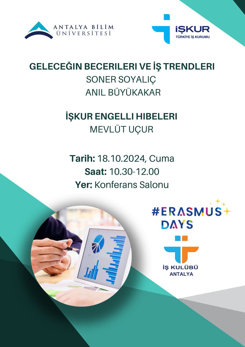 Erasmus Office of Antalya Bilim University (@abu_ipo) on Twitter photo 14-19 Ekim 2024 tarihleri arasında gerçekleşen #ErasmusDays etkinlikleri kapsamında, İşkur, bilgilendirme toplantısı gerçekleştirecektir.
Tarih: 18.10.2024, Cuma
Saat: 10.30-12.00
Yer: ABÜ Konferans Salonu
Eğitim Dili: Türkçe 14-19 Ekim 2024 tarihleri arasında gerçekleşen #ErasmusDays etkinlikleri kapsamında, İşkur, bilgilendirme toplantısı gerçekleştirecektir.
Tarih: 18.10.2024, Cuma
Saat: 10.30-12.00
Yer: ABÜ Konferans Salonu
Eğitim Dili: Türkçe