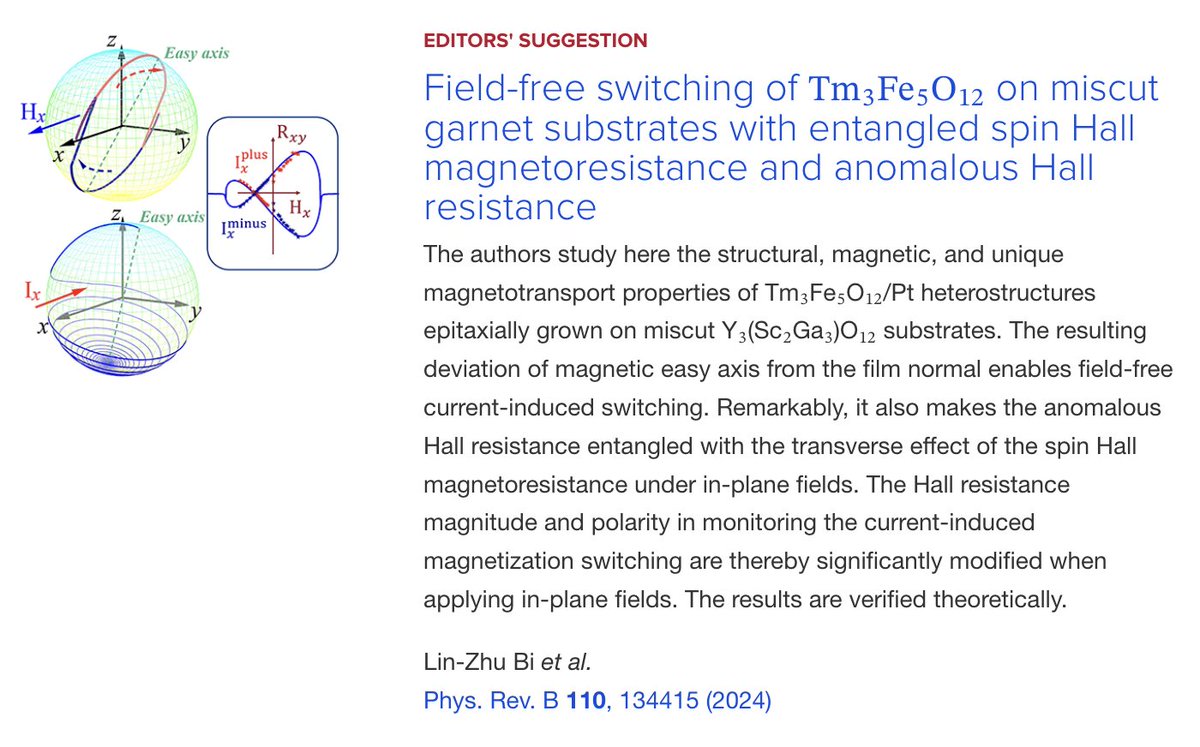PhysRevB's tweet image. PRB Editors&apos; Suggestion: Field-free switching of #T⁢m3⁢F⁢e5⁢O12 on miscut garnet substrates with entangled #SpinHall #magnetoresistance and #AnomalousHallResistance

L.-Z. Bi et al.,
Phys. Rev. B 110, 134415

➡️ go.aps.org/3NrQsMd
#EdSugg #condmat #physics @APSPhysics