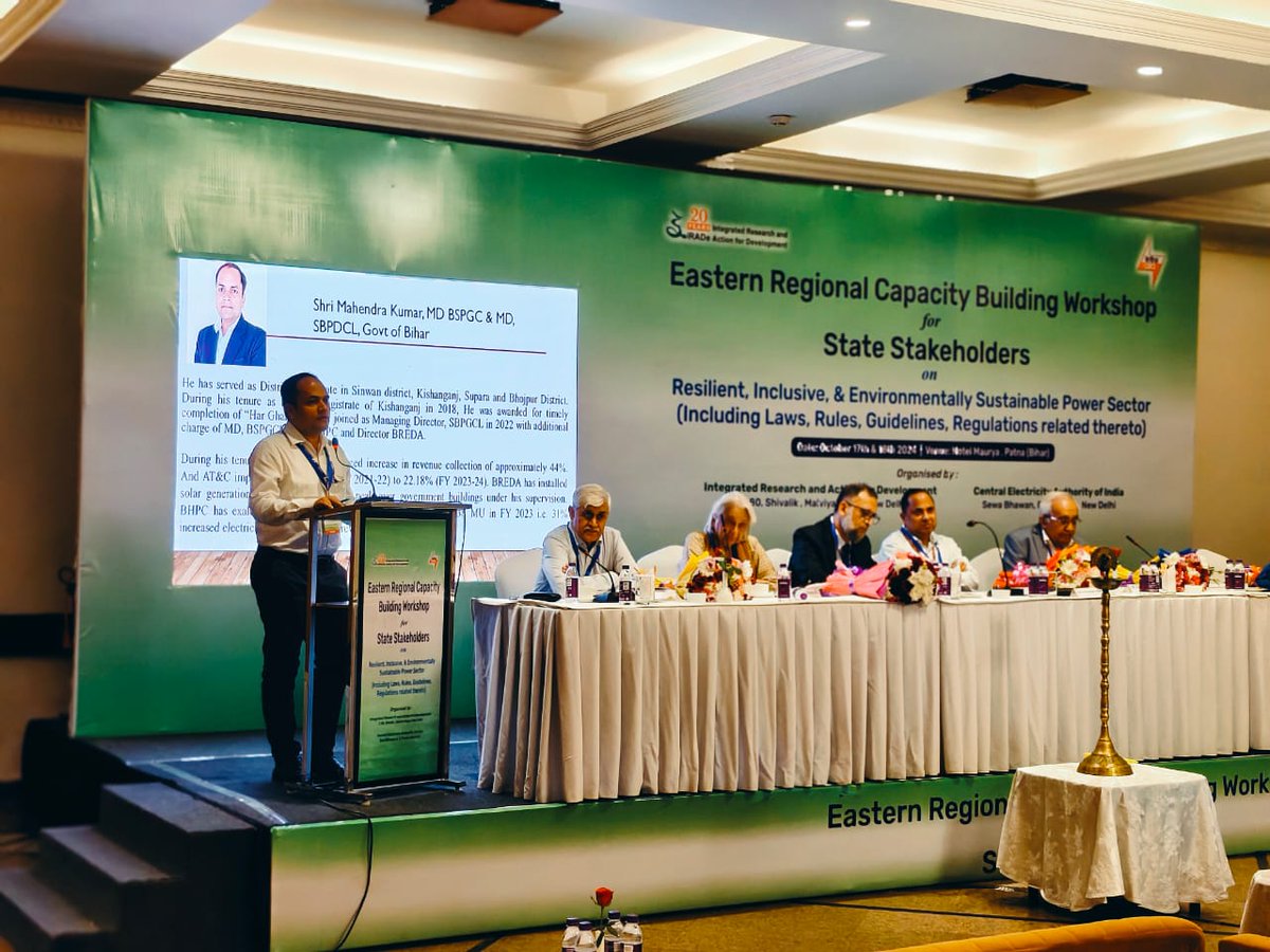 BiharEnergy's tweet photo. The Eastern Region Capacity Building Workshop, co-hosted by @CEA_India and IRADe, focuses on enhancing expertise in the power sector.

Shri Amir Subhani, IAS (Retd), Chairman, Bihar Electricity Regulatory Commission and Shri @mahendrakr_ias, IAS, MD #SBPDCL participated in the inaugural session held today at Hotel Maurya.

Engineers will be given training about policies, regulations & emerging trends.