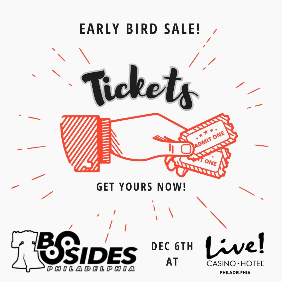 #BSIDESPHILLY EARLY BIRD TICKETS ARE ON SALE NOW!!!!

Dec 6th, 8a-6p at LIVE! Casino &amp; Hotel!

Get them NOW - for a limited time - for $50!

To check out what's included &amp; to purchase click here
buff.ly/47onQwU

#BSP2024 #cybersecurity