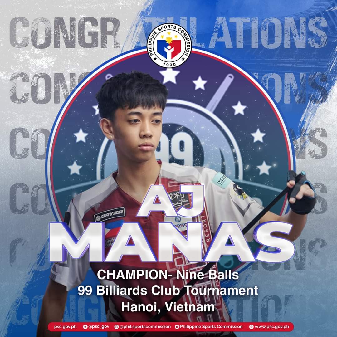 psc_gov's tweet photo. AJ Manas was hailed as the champion after defeating Harry Vergara by a 13-12 score in the finals of the 99 Billiards Club Tournament in Vietnam.
๐ - Nine Balls
#BidaAngBayaningManlalaro
#BagongPilipinas
#PSCatWork https://t.co/MEe1bIhjG0