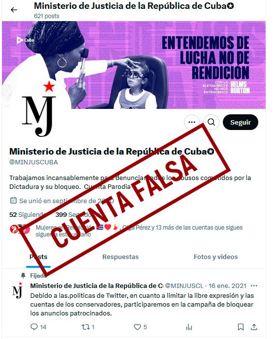 🔴🔴| #ATENCIÓN
Denunciamos la cuenta falsa creada en esta red social de Twitter a nombre del Ministerio de Justicia de la República de Cuba.

Pedimos a los usuarios no seguirla, ni interactuar con ella.

👉 Denunciamos esta inescrupulosa acción

#Cuba 🇨🇺