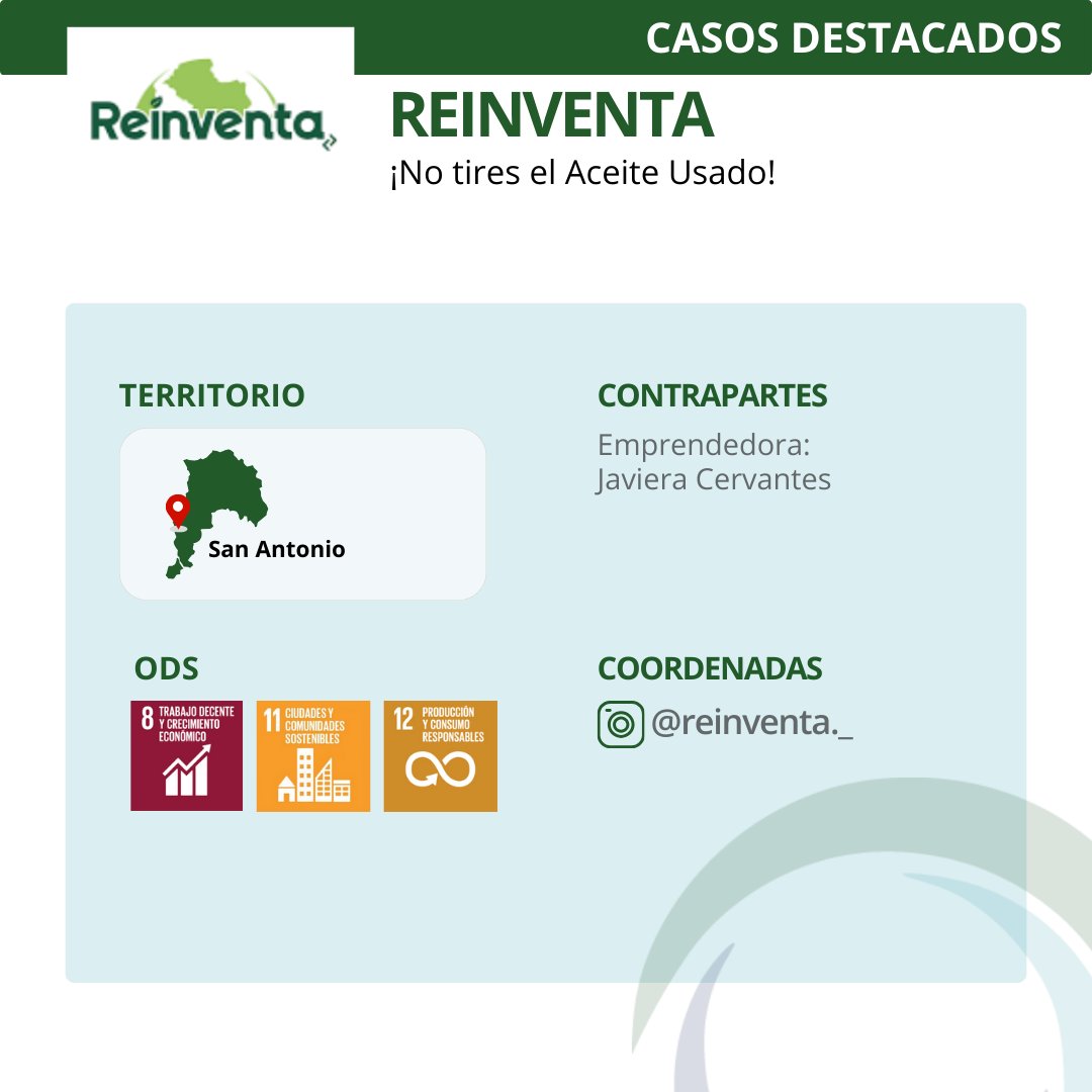 IndCircular's tweet photo. ¿Sabías que Reinventa es una empresa dedicada a la gestión de reciclaje de aceite de cocina usado?
Desde San Antonio, promueven la educación ambiental, fomentan las buenas prácticas y apoyan el deporte.
¡Únete a la comunidad consciente con Reinventa! Revisa su ficha https://t.co/meZ50yomMF