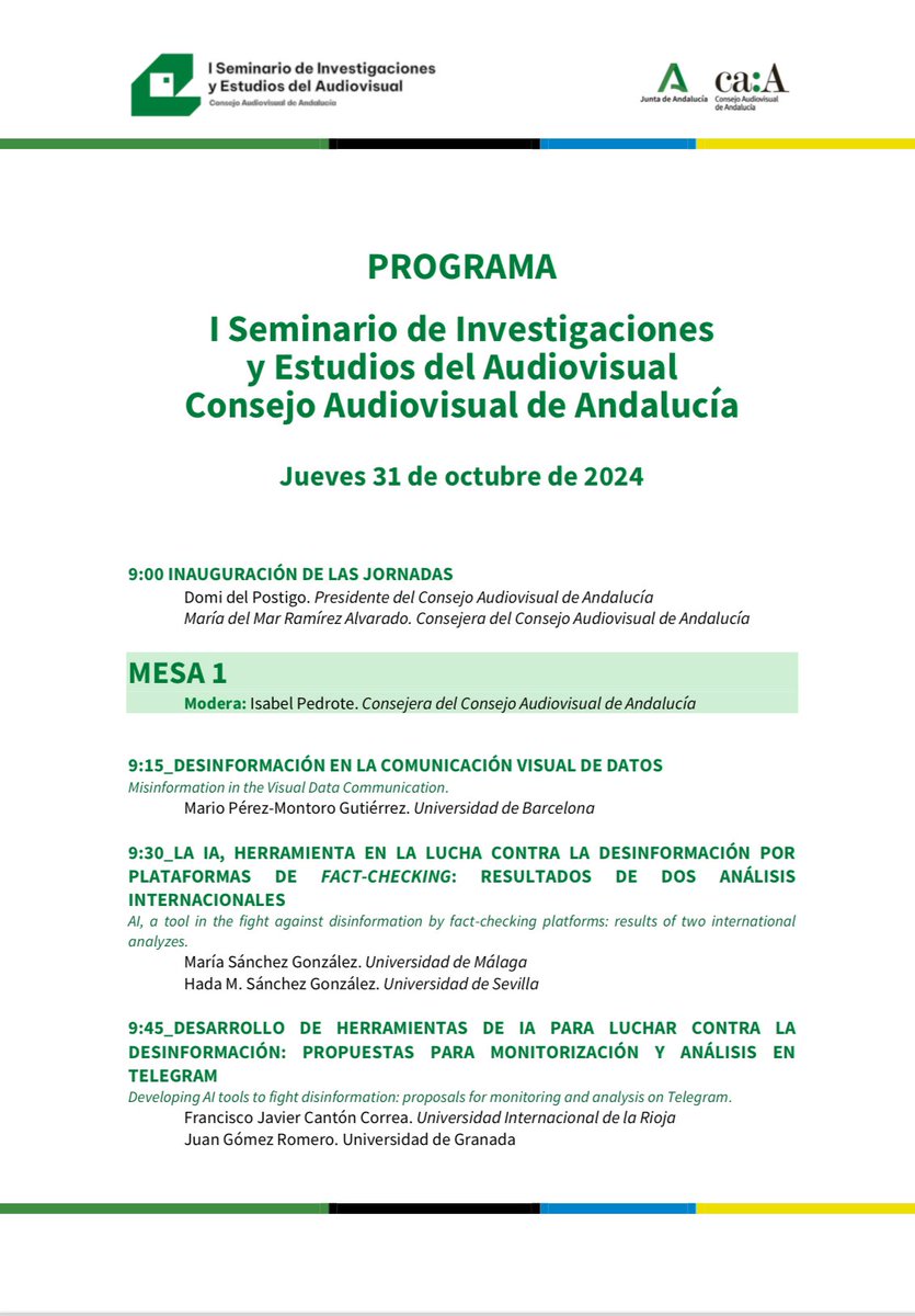 marramirez's tweet photo. Programa del I Seminario de Investigaciones y Estudios del Audiovisual del @CAudiovisualAnd sobre #IA y desinformación. Tendrá lugar el jueves 31/10 en la sede del CAA en #Sevilla 

https://t.co/5SVWpgoolL https://t.co/88wYZ0CzWL