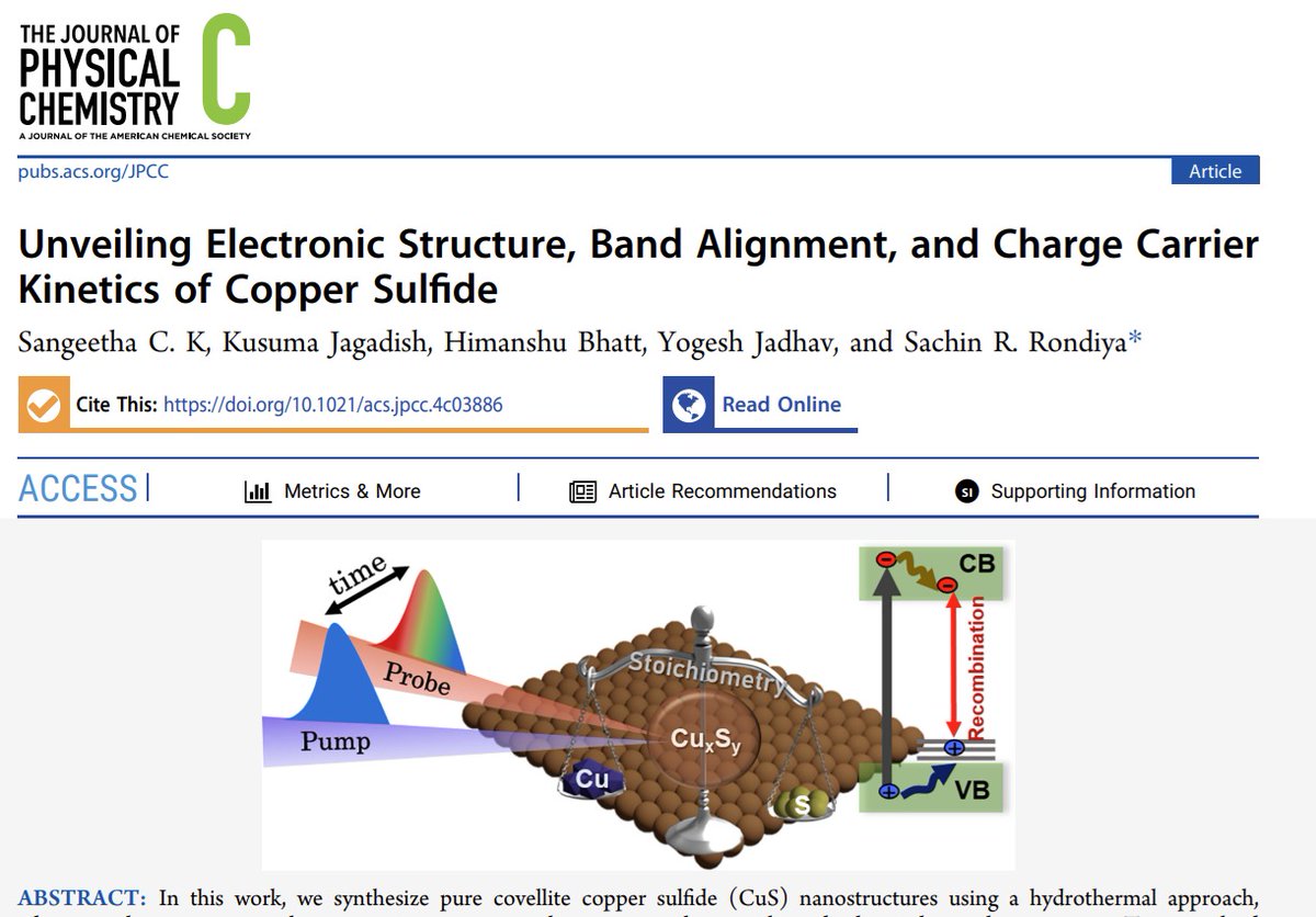 DRondiya's tweet photo. Big congratulations to Sangeetha (PhD Scholar) on her first lead-author paper! 🎉Along with Kusuma, Yogesh, and Himanshu, she explored the effect of stoichiometry on band alignment and ultrafast charge carrier dynamics of CuS. Congrats TEAM! 👏
🔗 https://t.co/NDQsfnJMoo https://t.co/nUsUO56yfC