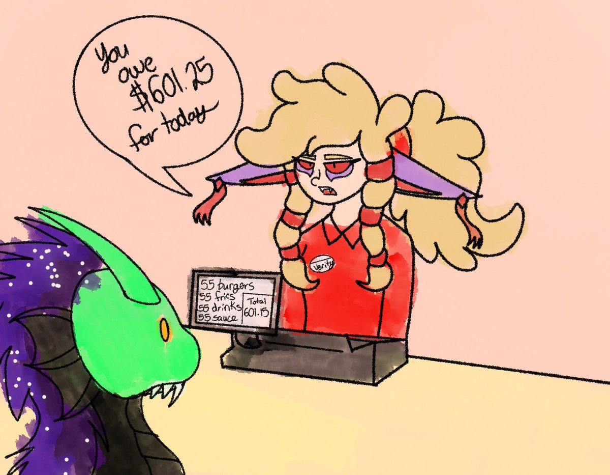 Poor Verity, I never draw her, but she got two art pieces yesterday, a starved verity concept, and a shitpost of her working in fast food