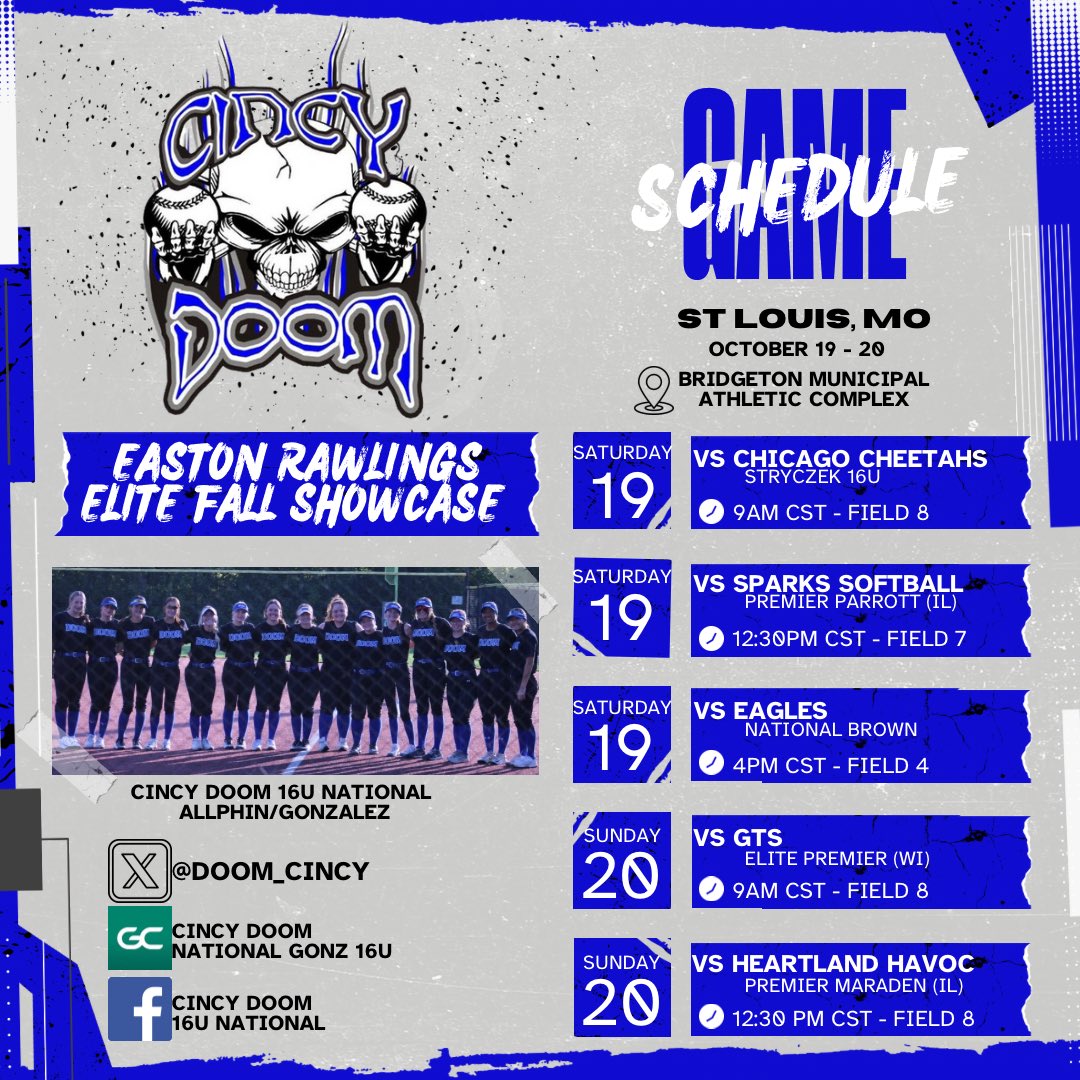 Come see my team this weekend at the Easton Rawlings Elite Fall Showcase in St. Louis, Missouri! <a href="/HUsoftball/">Heidelberg Softball</a> <a href="/MSUEaglesSB/">Morehead State Softball</a> <a href="/IndStSoftball/">Indiana State Softball</a> <a href="/IlliniSB/">Illinois Softball</a> <a href="/RedbirdsSB/">Illinois State Softball</a> <a href="/doom_cincy/">Cincy Doom 16u Allphin/ Gonzalez</a>