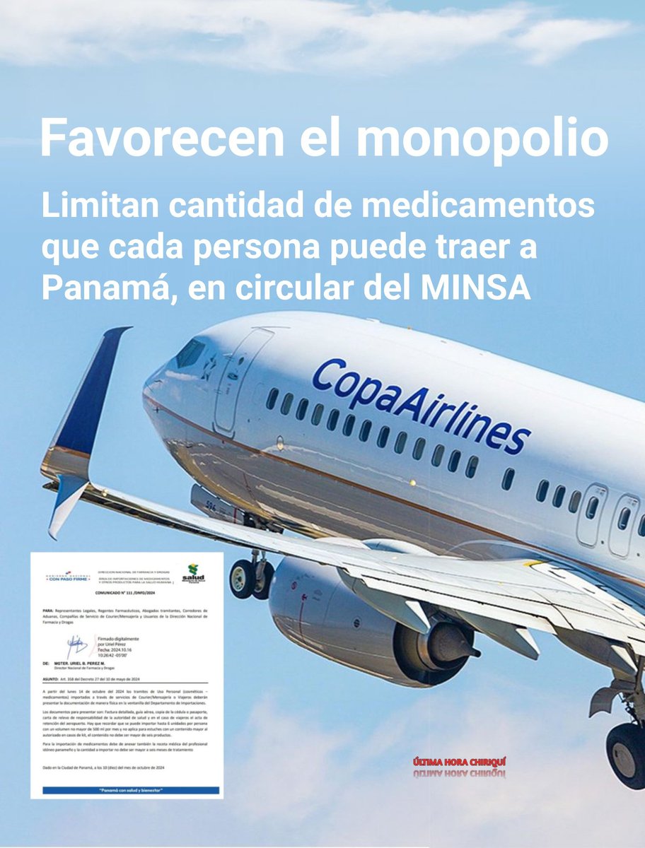ultimahoraC4's tweet image. Favorecen el monopolio | Limitan cantidad de medicamentos que cada persona puede traer a Panamá, en circular del MINSA #Monopolio #Medicamentos #Panamá