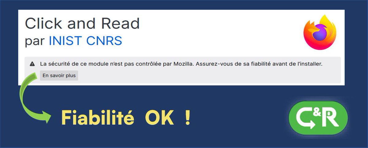 ClickandRead (@_clickandread) on Twitter photo Vous vous interrogez sur le message du Store Firefox pour #ClickandRead ?
#ClickandRead EST FIABLE ✅ : Mozilla valide bien C&R avant publication sur le Store ainsi que nos développeurs de <a href="/INIST_CNRS/">CNRS Inist</a> par leur maintenance quotidienne du code source. Vous vous interrogez sur le message du Store Firefox pour #ClickandRead ?
#ClickandRead EST FIABLE ✅ : Mozilla valide bien C&R avant publication sur le Store ainsi que nos développeurs de <a href="/INIST_CNRS/">CNRS Inist</a> par leur maintenance quotidienne du code source.