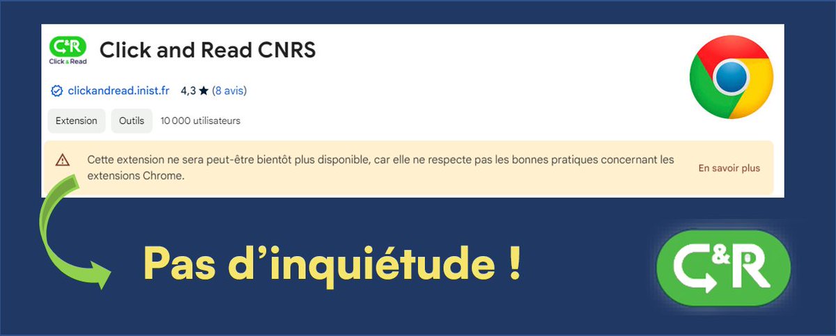 ClickandRead (@_clickandread) on Twitter photo Pas d’inquiétude vis-à-vis du message d’alerte sur le store Chrome pour #ClickandRead <a href="/INIST_CNRS/">CNRS Inist</a> : nos développeurs travaillent actuellement à l’évolution demandée (pour les connaisseurs 😉: il s’agit du passage en Manifest V3).
#ClickandRead restera disponible sur Chrome !👍 Pas d’inquiétude vis-à-vis du message d’alerte sur le store Chrome pour #ClickandRead <a href="/INIST_CNRS/">CNRS Inist</a> : nos développeurs travaillent actuellement à l’évolution demandée (pour les connaisseurs 😉: il s’agit du passage en Manifest V3).
#ClickandRead restera disponible sur Chrome !👍
