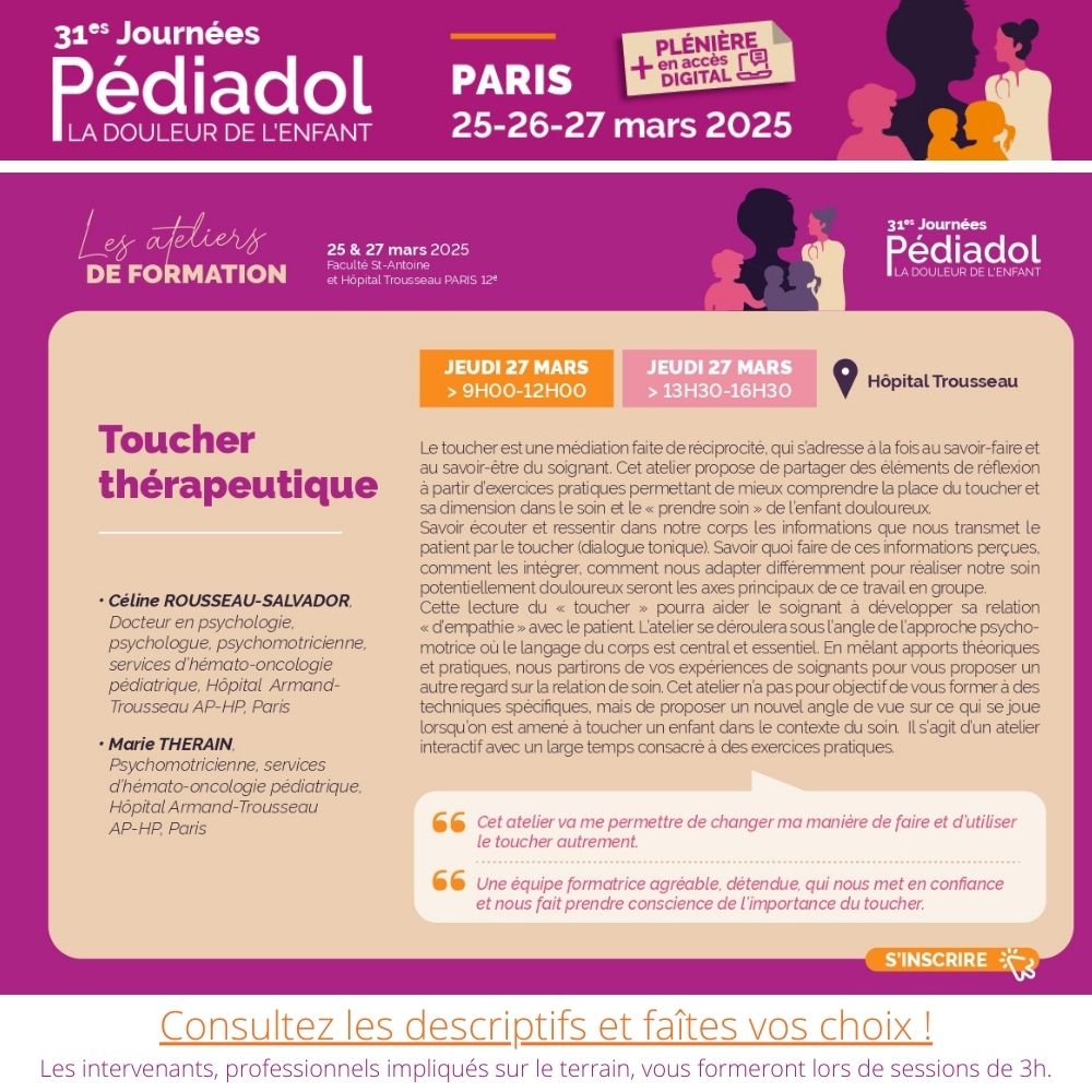 𝟯𝟭𝗲𝘀 𝗝𝗼𝘂𝗿𝗻𝗲́𝗲𝘀 𝗣𝗲́𝗱𝗶𝗮𝗱𝗼𝗹 | Deux ateliers qui vous permettront de changer votre manière de faire et d’utiliser le toucher autrement. Inscrivez-vous ! 🎟️𝒉𝒕𝒕𝒑𝒔://𝒑𝒆𝒅𝒊𝒂𝒅𝒐𝒍2025.𝒕𝒆𝒂𝒎𝒓𝒆𝒔𝒂.𝒏𝒆𝒕/
🌐 pediadol.org/les-journees-p…
#congrès #pediatrie