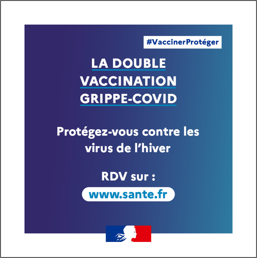 #VaccinerProtéger | La campagne de vaccination conjointe contre la #grippe et le #Covid19 est en cours 💉

👉 La vaccination est un geste simple qui protège les personnes à risque de complications graves.

RDV chez un professionnel de santé 
(médecin, infirmier, pharmacien, ou