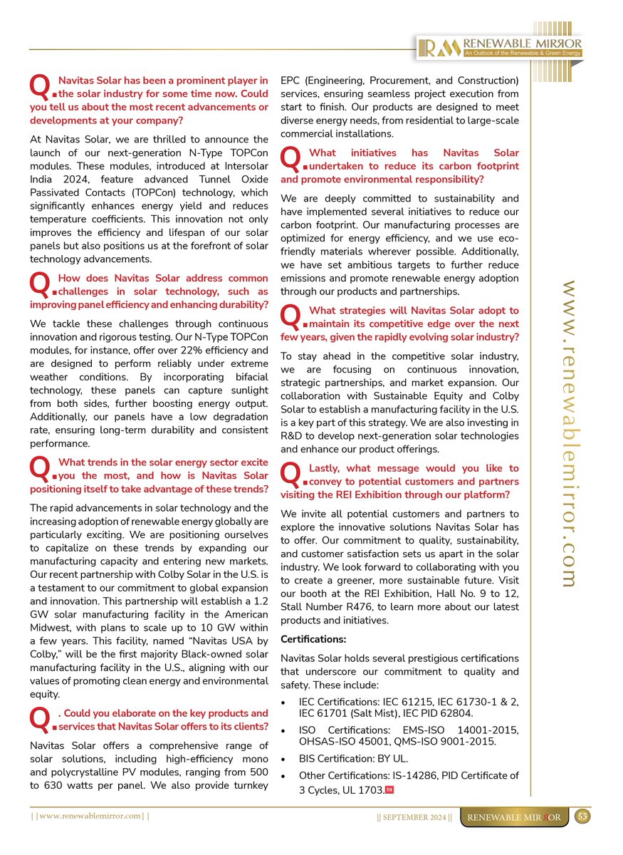 renewablemirror's tweet image. 🌞 Check out our latest interview with Mr. Vineet Mittal, Director of Navitas Solar

Don’t miss it! 📷lnkd.in/dgYvNHZn

@vineetmittal87
@saurabh_gudu

#SolarPower #Sustainability #NavitasSolar #renewablemirror