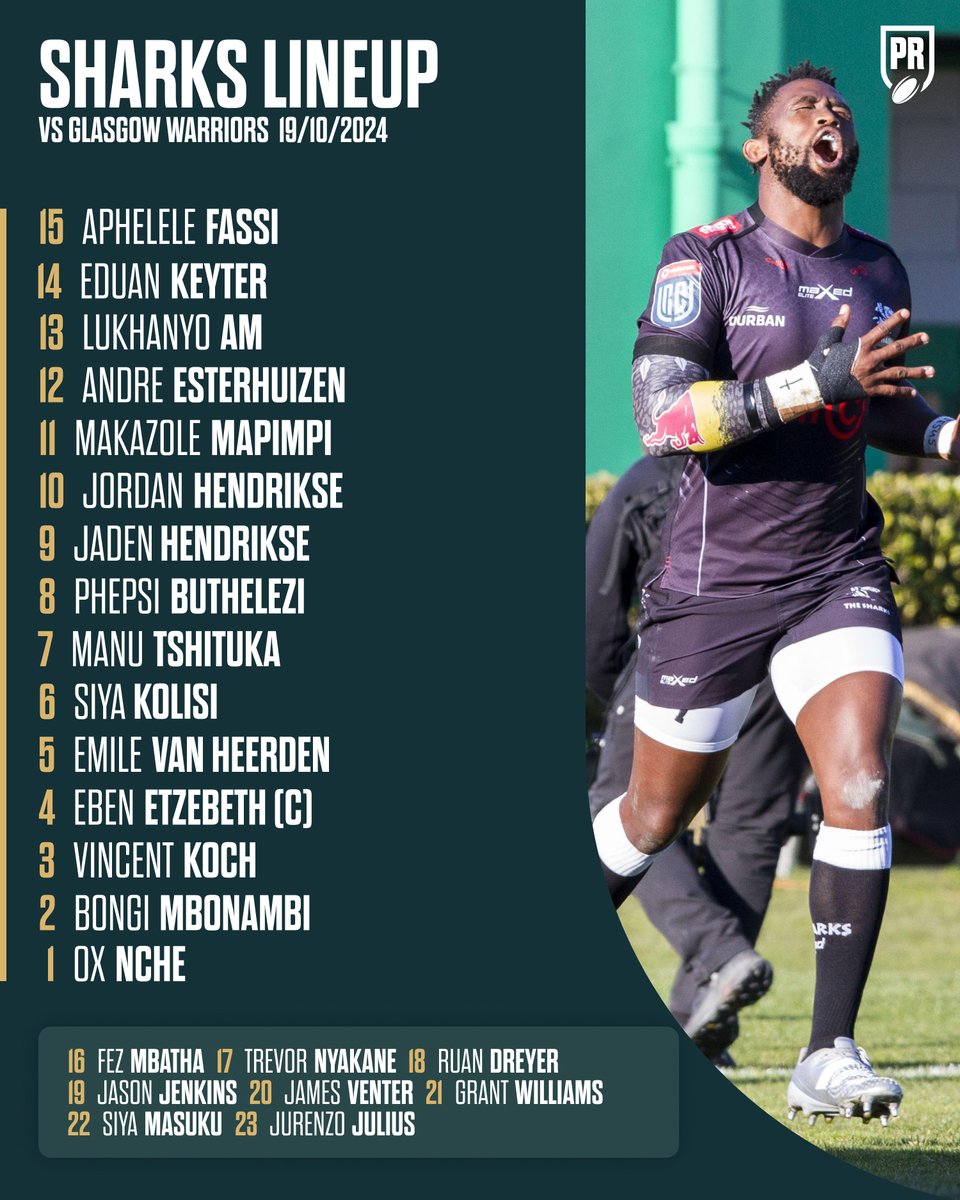 PlanetRugby's tweet photo. 🦈 Siya Kolisi makes his Sharks return against Glasgow Warriors in an outrageously strong matchday squad that collectively holds 20 Rugby World Cup titles.

#URC #SHAvGLA https://t.co/mDwqmFgmdU