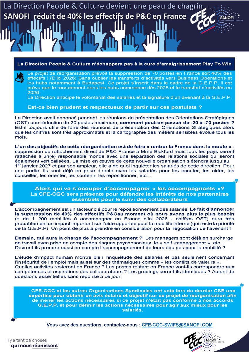 Suppression de 40% des effectifs RH en France ! Visiblement les RH ne servent pas à grand chose pour la direction Sanofi