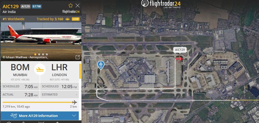 JacobKPhilip's tweet photo. #AI129 is taken to a corner of Heathrow LHR after landing. If that indeed is an isolation bay, it must've been a bomb threat.
#AirIndia #AIC129. https://t.co/7RKs5wgx67