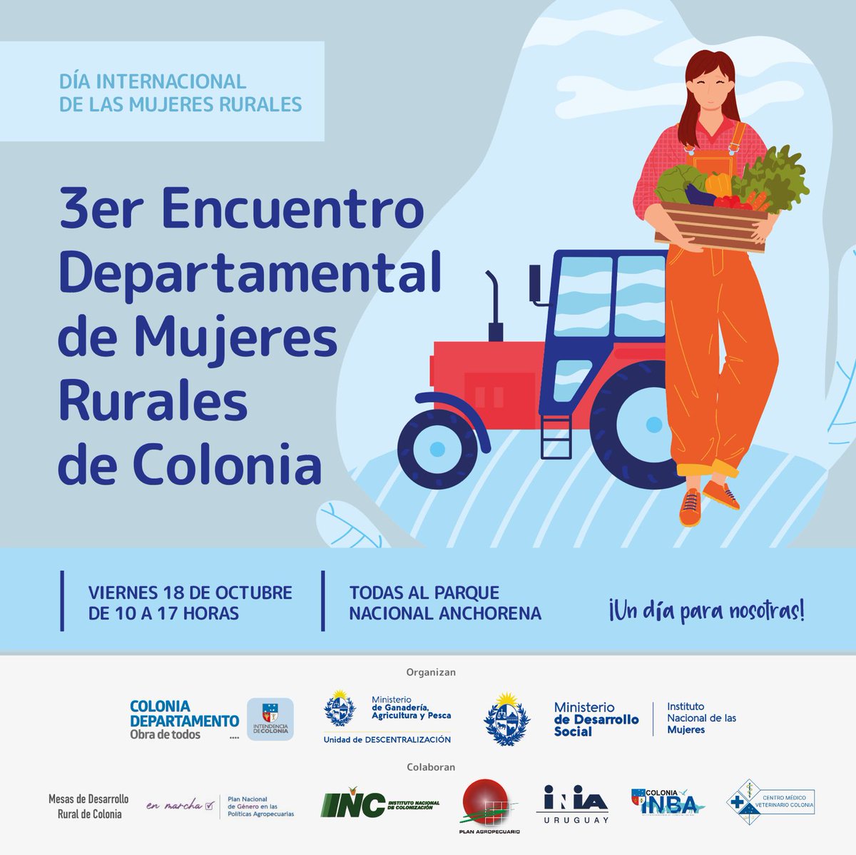 PlanAgro's tweet photo. ¡Mañana #viernes!
🗓️18/10⏰10hs📌Pque. Nacional Anchorena, Colonia

3er. Encuentro Departamental de Mujeres Rurales de Colonia

¡Te esperamos!
@MGAPUruguay #DescentraUy @IntColonia @midesuy @inmujeres_uy
#MDRColonia #EnMarcha #PNGAgro @INC_Uruguay @INIA_UY @INBA_uy #CMV #PlanAgro https://t.co/VRJ2LOWsSZ
