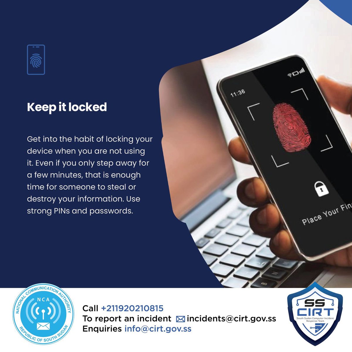 NCA_SSD's tweet photo. #CybersecurityAwarenessMonth Tip 3: 

Locking your device when you are not using it prevents unauthorized access and protects your personal data.

@SS_CIRT 

#StaySafeOnline https://t.co/wx1zCB5ZSN