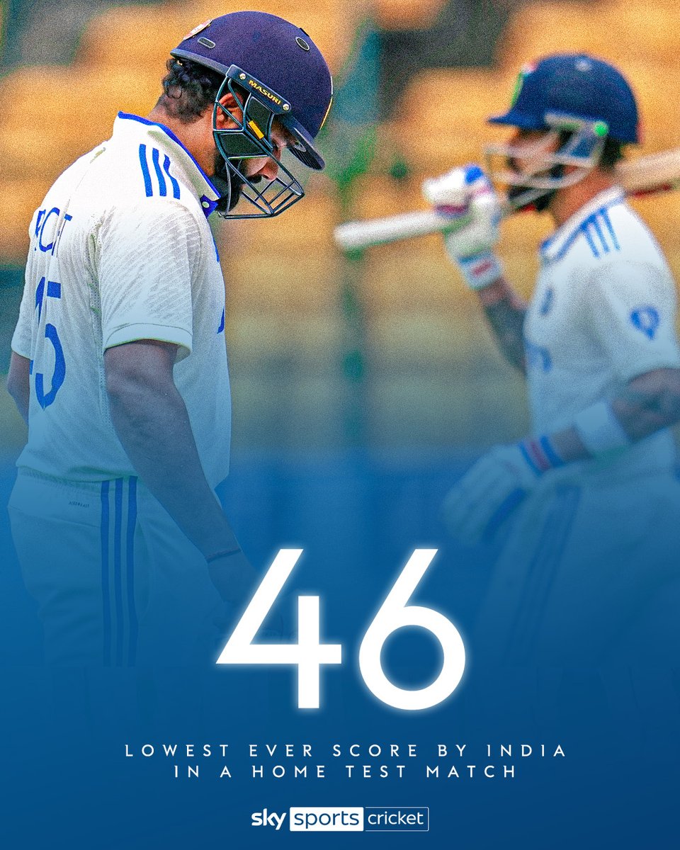 SkyCricket's tweet photo. Unwanted history for India as they were bowled out for 46 by New Zealand on day two of the first Test in Bengaluru 😲 https://t.co/8OwI5LyBAP