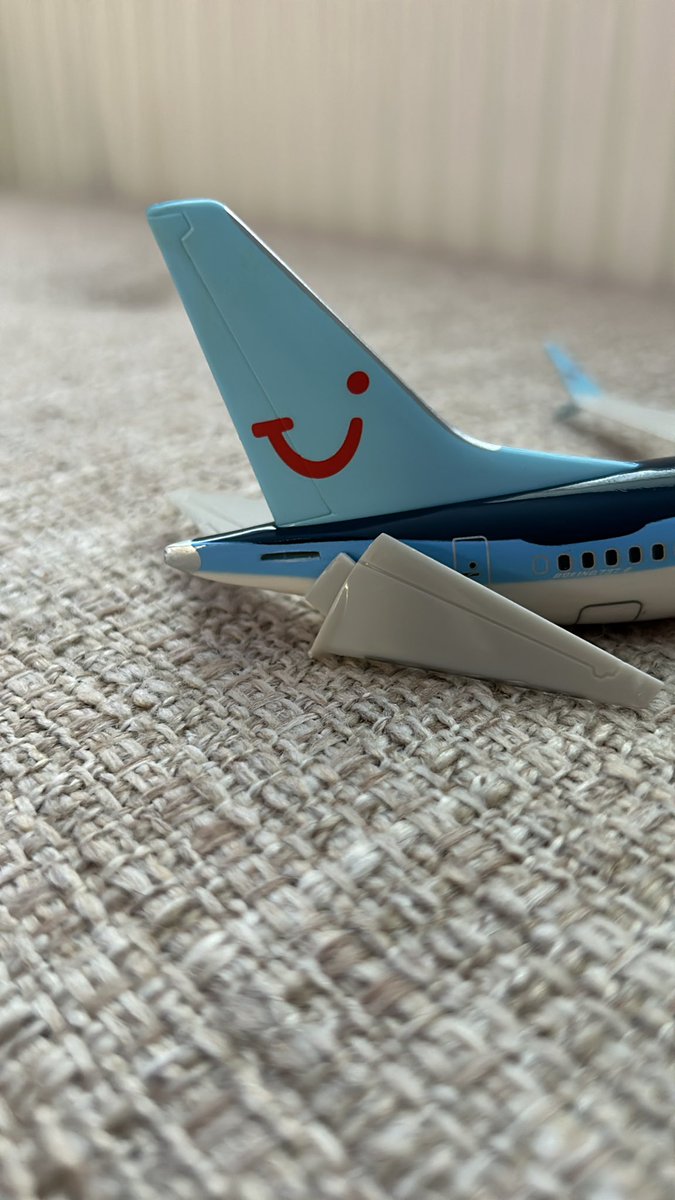JayML2020's tweet photo. @TUIUK hey! To commemorate our 3 years old first air travel we purchased the scale model 737-800 plane - unfortunately, one of the tail fin pieces is not moulded correctly and the piece won’t fit in the hole - anything you can do to help? 

TOM1365 was our return flight

Thanks https://t.co/T6Ocubgi4X