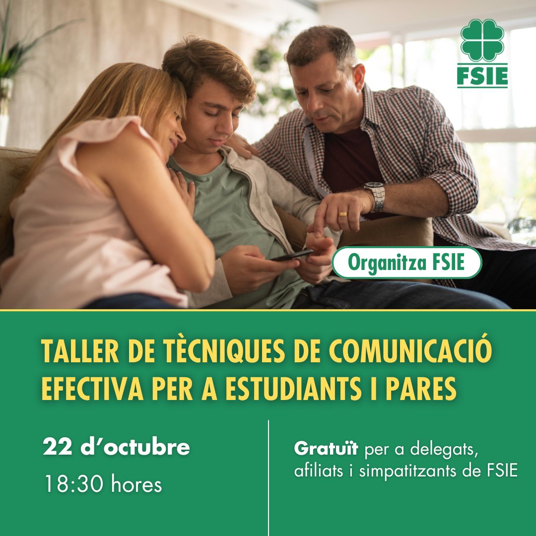 FSIE ORGANITZA EL TALLER 'TÈCNIQUES DE COMUNICACIÓ EFECTIVA PER A ESTUDIANTS I PARES' 🍀 Gratuït per a delegats, afiliats i simpatitzants de FSIE. 📷 Les persones que hi vulguin assistir, s'han d'inscriure a l'enllaç. 👉forms.gle/XVvVMZnW7Kpsvc…